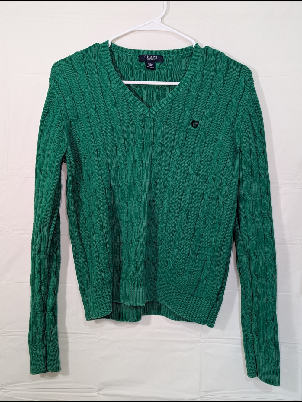 Chaps Green Cable Knit Sweater Women Size L V Neck Cotton Preppy Classic